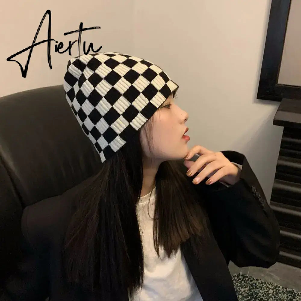 Women Men knitted Hat Hiphop Checkerboard Autumn Winter Korean Fashion Wool Cap Lovers Hat Warm Beanies Lattice Caps For Couple Aiertu