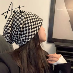 Women Men knitted Hat Hiphop Checkerboard Autumn Winter Korean Fashion Wool Cap Lovers Hat Warm Beanies Lattice Caps For Couple Aiertu