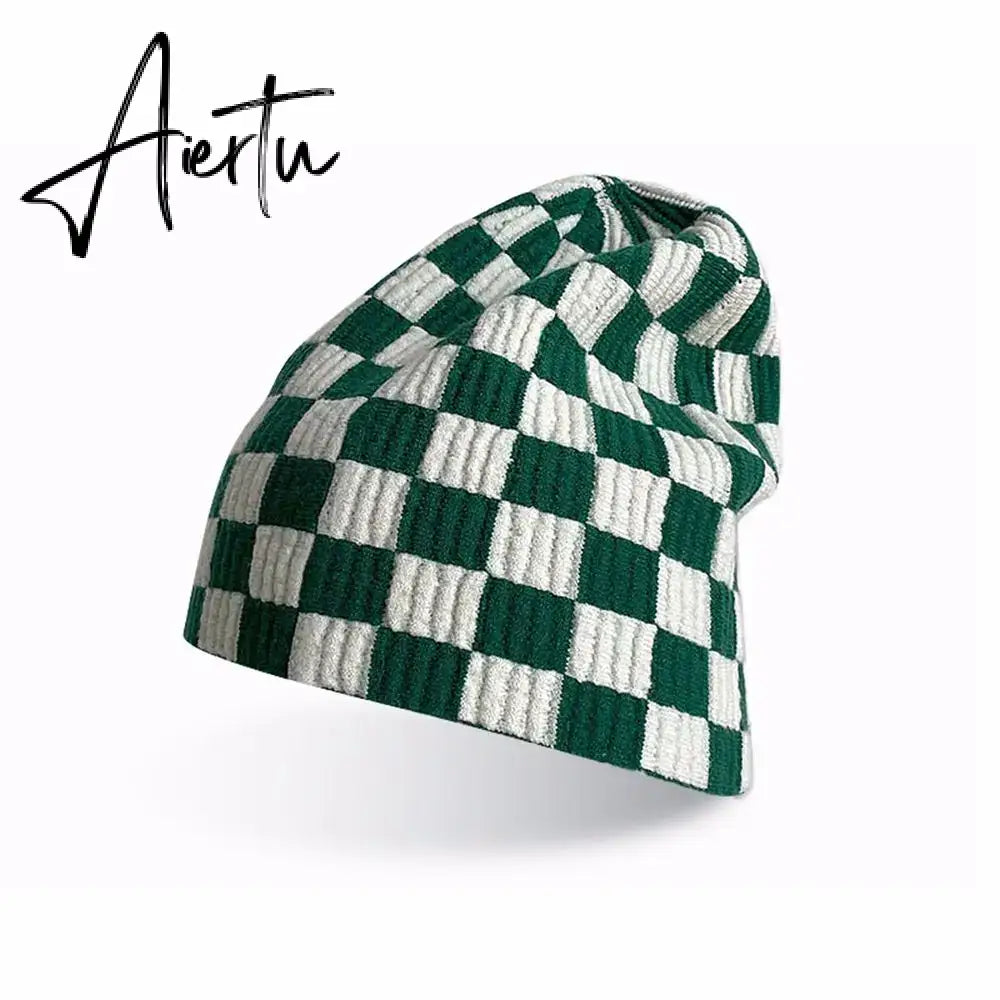 Women Men knitted Hat Hiphop Checkerboard Autumn Winter Korean Fashion Wool Cap Lovers Hat Warm Beanies Lattice Caps For Couple Aiertu