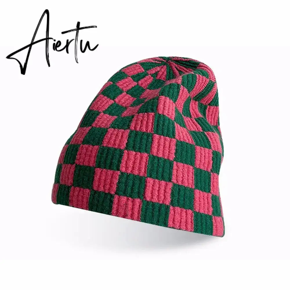 Women Men knitted Hat Hiphop Checkerboard Autumn Winter Korean Fashion Wool Cap Lovers Hat Warm Beanies Lattice Caps For Couple Aiertu