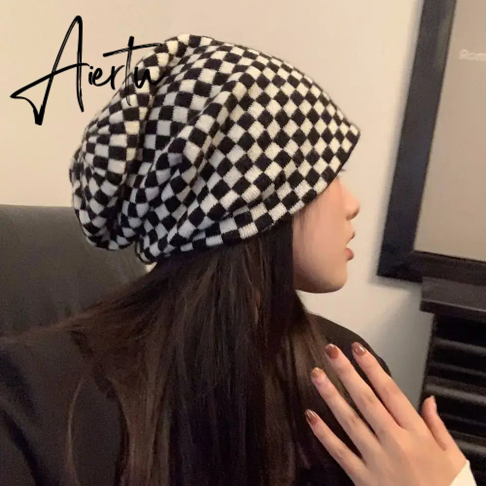 Women Men knitted Hat Hiphop Checkerboard Autumn Winter Korean Fashion Wool Cap Lovers Hat Warm Beanies Lattice Caps For Couple Aiertu
