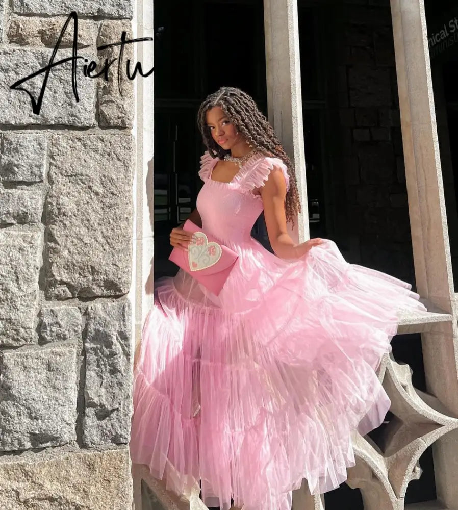 Women Mesh Puffy Long Dress Summer Sweet Sleeveless Square Neck High Waist Pink Princess Dress Evening Party Clubwear Fairycore Aiertu