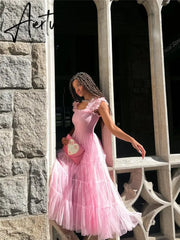 Women Mesh Puffy Long Dress Summer Sweet Sleeveless Square Neck High Waist Pink Princess Dress Evening Party Clubwear Fairycore Aiertu