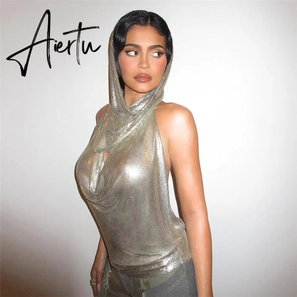 Women Midnight Stunning Hollow Out Hoodies Tank Top Backless Sexy Pile Collar Mini Vest  T Shirts Glitter Summer Tee New Aiertu