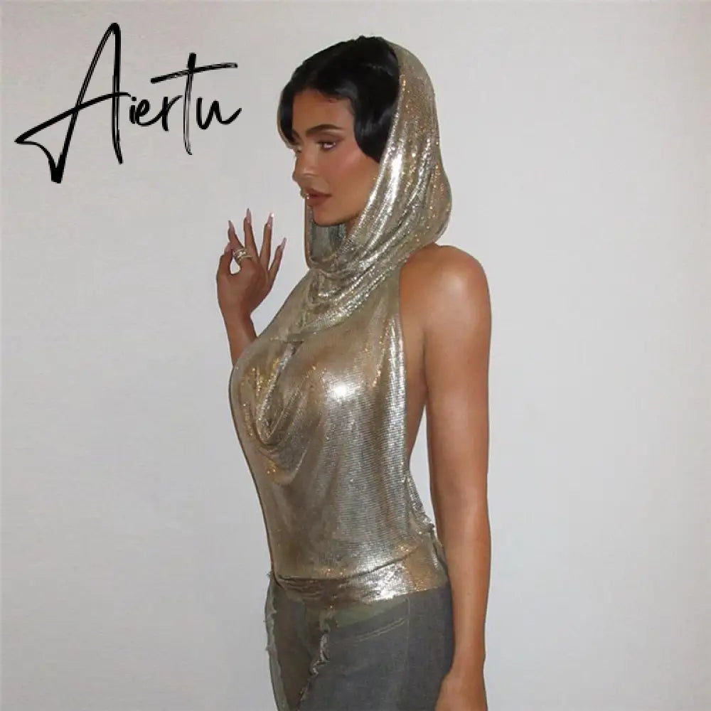 Women Midnight Stunning Hollow Out Hoodies Tank Top Backless Sexy Pile Collar Mini Vest  T Shirts Glitter Summer Tee New Aiertu