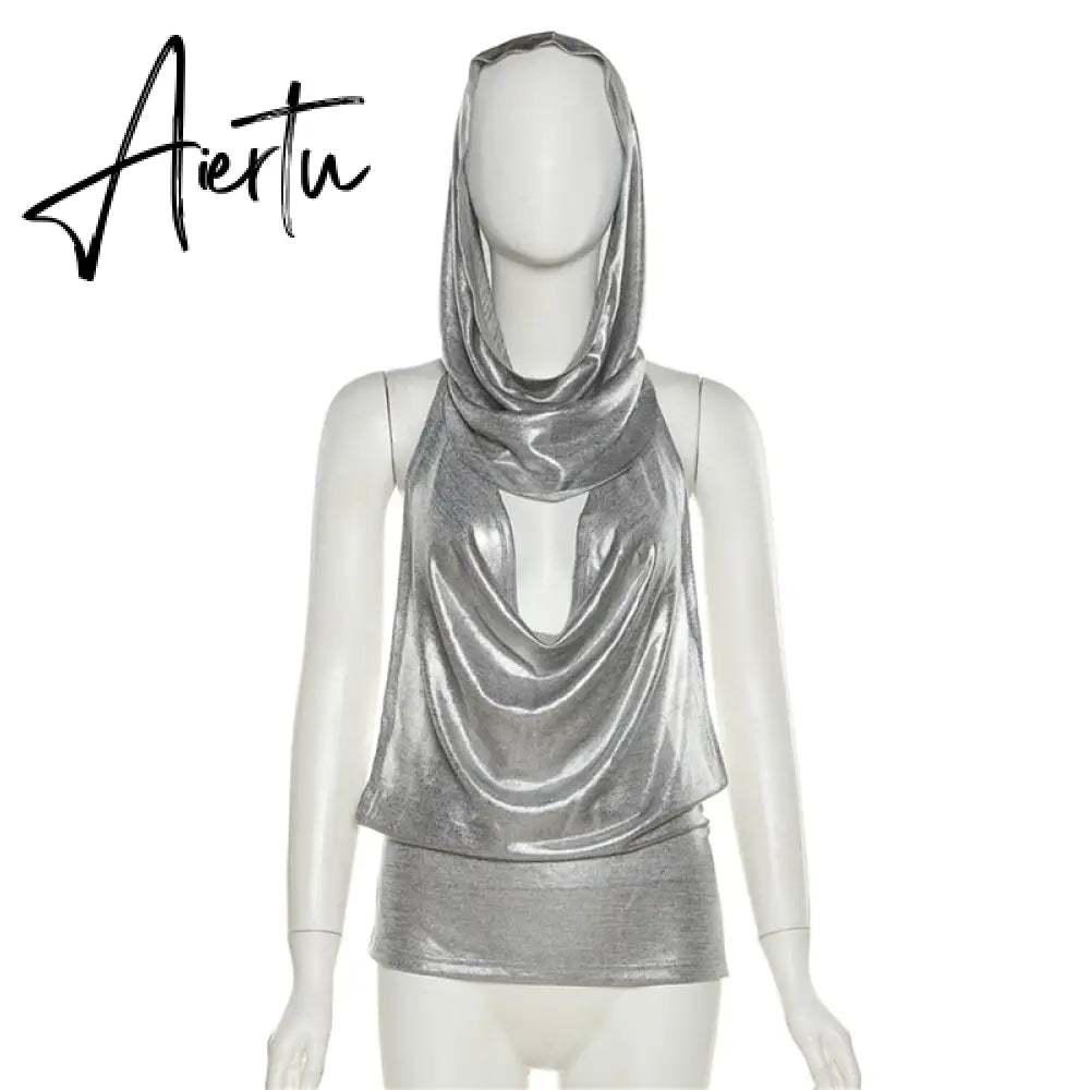 Women Midnight Stunning Hollow Out Hoodies Tank Top Backless Sexy Pile Collar Mini Vest  T Shirts Glitter Summer Tee New Aiertu