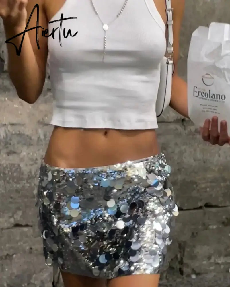 Women Mini Skirts Sexy Hot Girl Sequined Light-Reflecting & Short Type Sheath Skirt Carnival Party Clothings New Dress Aiertu