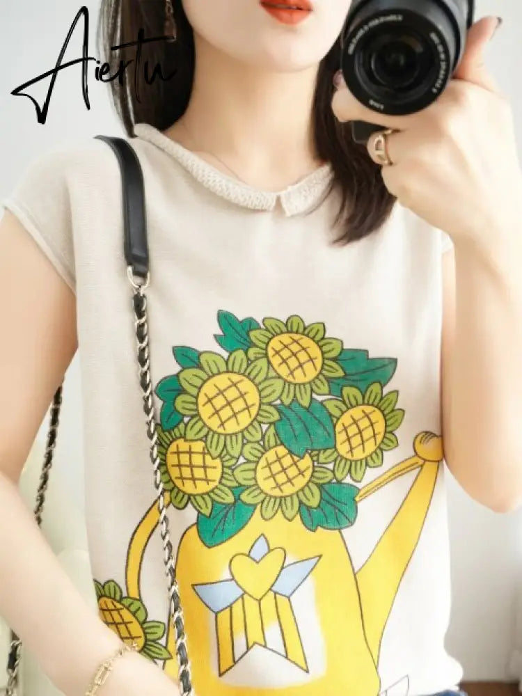 Women New Casual Korean Y2k Tops Fall Fashion Sunflower Printed Round Neck Long Sleeve Pullover Female Sweatshirt T-shirt Aiertu