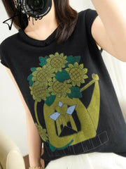 Women New Casual Korean Y2k Tops Fall Fashion Sunflower Printed Round Neck Long Sleeve Pullover Female Sweatshirt T-shirt Aiertu