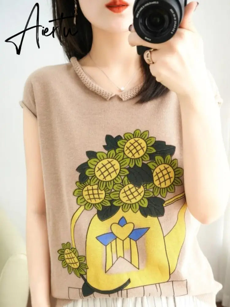 Women New Casual Korean Y2k Tops Fall Fashion Sunflower Printed Round Neck Long Sleeve Pullover Female Sweatshirt T-shirt Aiertu
