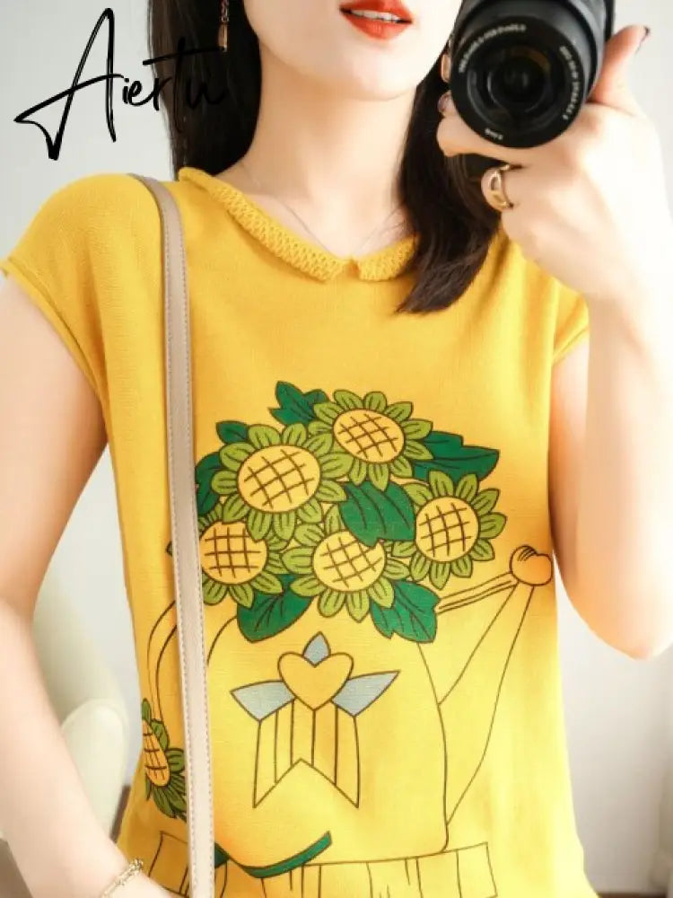 Women New Casual Korean Y2k Tops Fall Fashion Sunflower Printed Round Neck Long Sleeve Pullover Female Sweatshirt T-shirt Aiertu