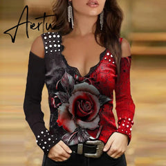 Women New Off-Shoulder Color Matching Rose Print Women's Long-Sleeved T-Shirt Fashion Casual Loose Clothing Aiertu