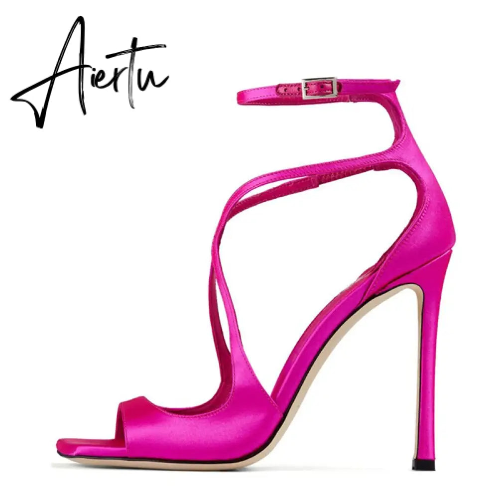 Women Open Toe Stilettos Shoes On Buckle Summer High Heel Sexy Cross Sandals Strappy Sandals Ankle Strap Gladiator Dress Shoes Aiertu