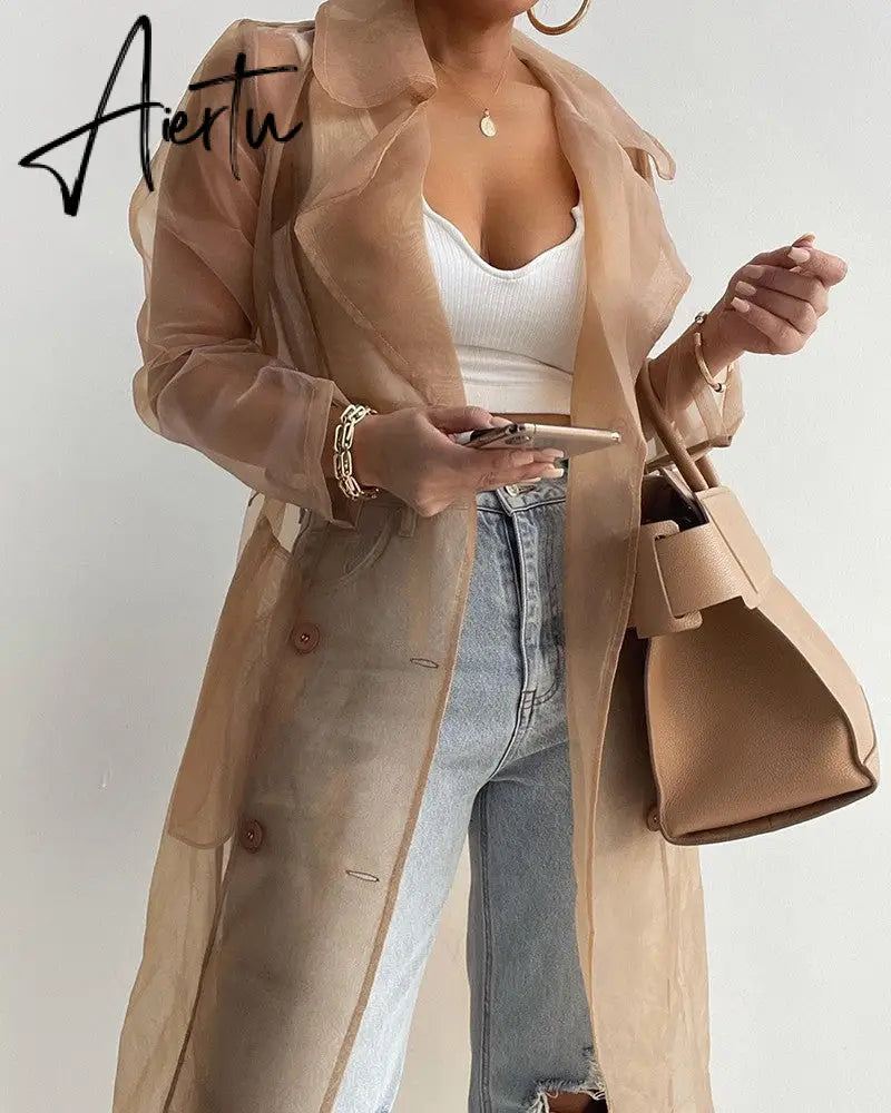 Women Organza See Though Sunscreen Long Sleeve Trench Summer Fashion Basic Double Breasted with Belt Tops Aiertu