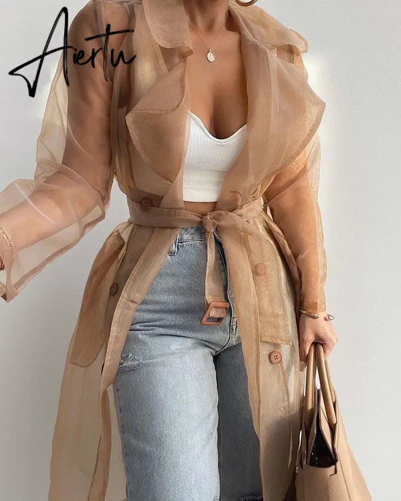 Women Organza See Though Sunscreen Long Sleeve Trench Summer Fashion Basic Double Breasted with Belt Tops Aiertu