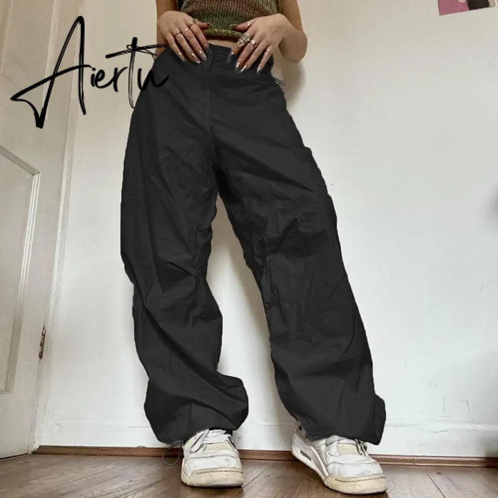 Women Oversized Tech Pants Casual Solid Drawstring Low Waist Baggy Trousers Y2K Vintage Hippie Joggers Cargo Pants Streetwear Aiertu