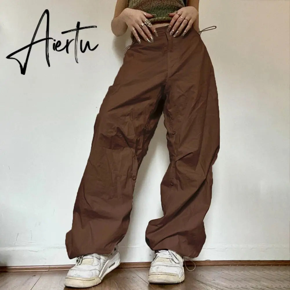 Women Oversized Tech Pants Casual Solid Drawstring Low Waist Baggy Trousers Y2K Vintage Hippie Joggers Cargo Pants Streetwear Aiertu