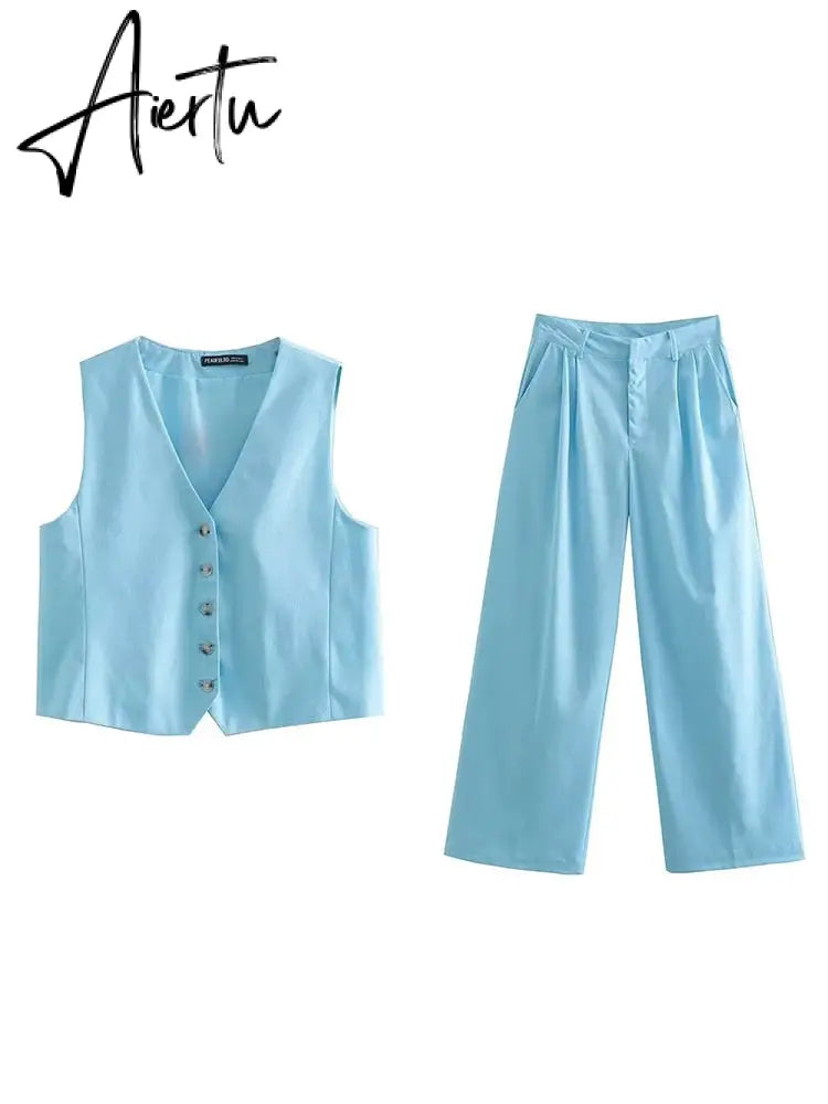 Women Pants 2 Pieces Sets Fashion Linen Vest Tops+Straight Pants Office Suit Vintage Woman Two Pieces Outfit Aiertu