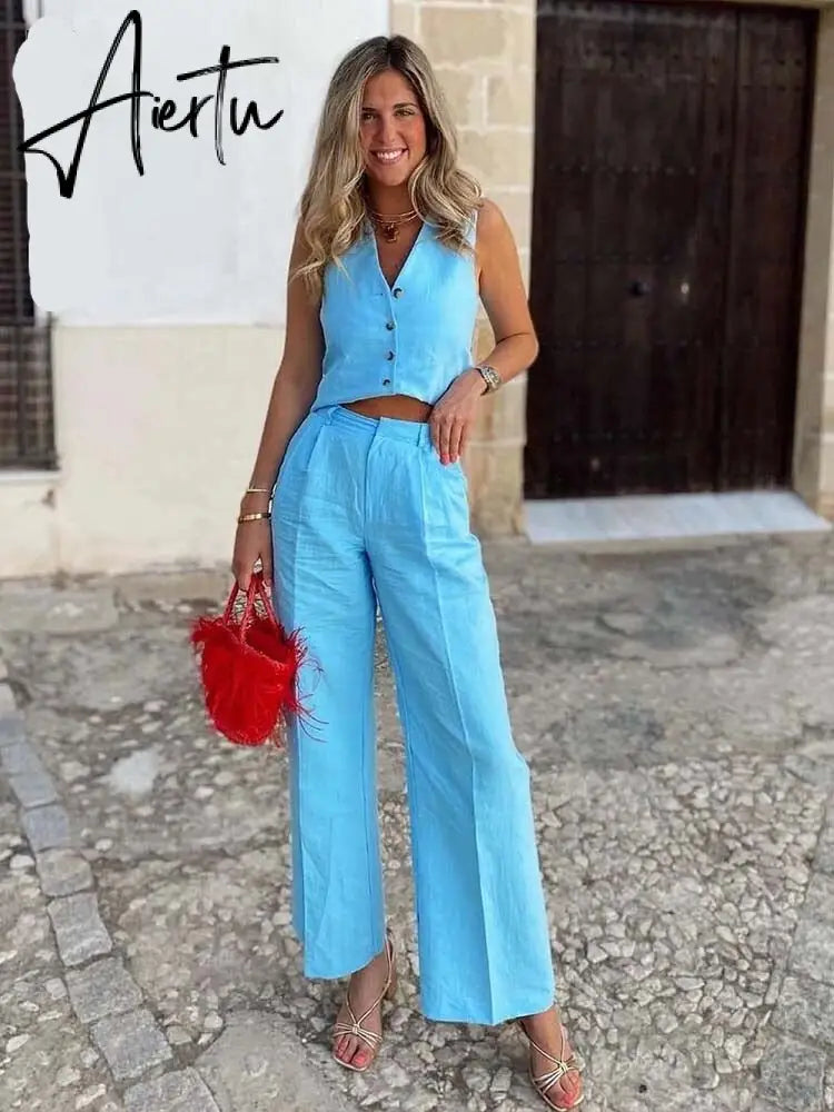 Women Pants 2 Pieces Sets Fashion Linen Vest Tops+Straight Pants Office Suit Vintage Woman Two Pieces Outfit Aiertu