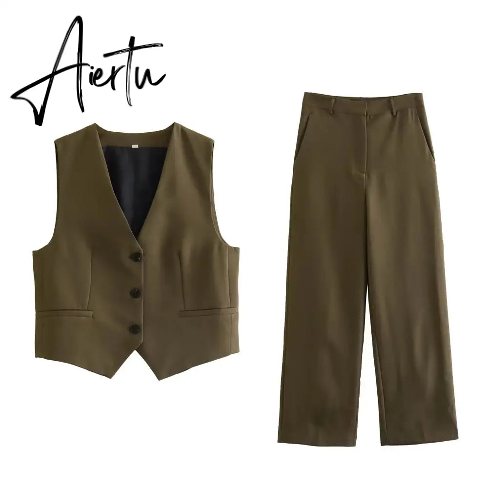 Women Pants 2 Pieces Sets Fashion Linen Vest Tops+Straight Pants Office Suit Vintage Woman Two Pieces Outfit Aiertu