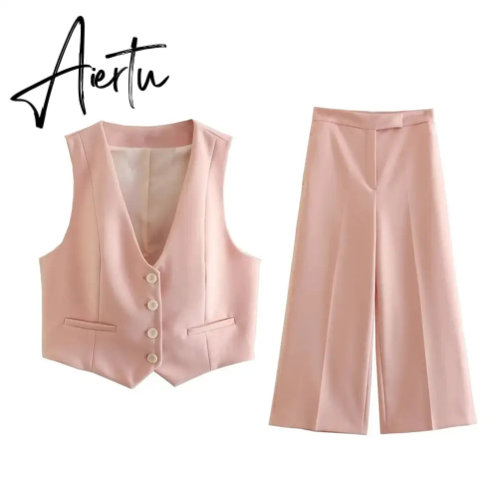 Women Pants 2 Pieces Sets Fashion Linen Vest Tops+Straight Pants Office Suit Vintage Woman Two Pieces Outfit Aiertu