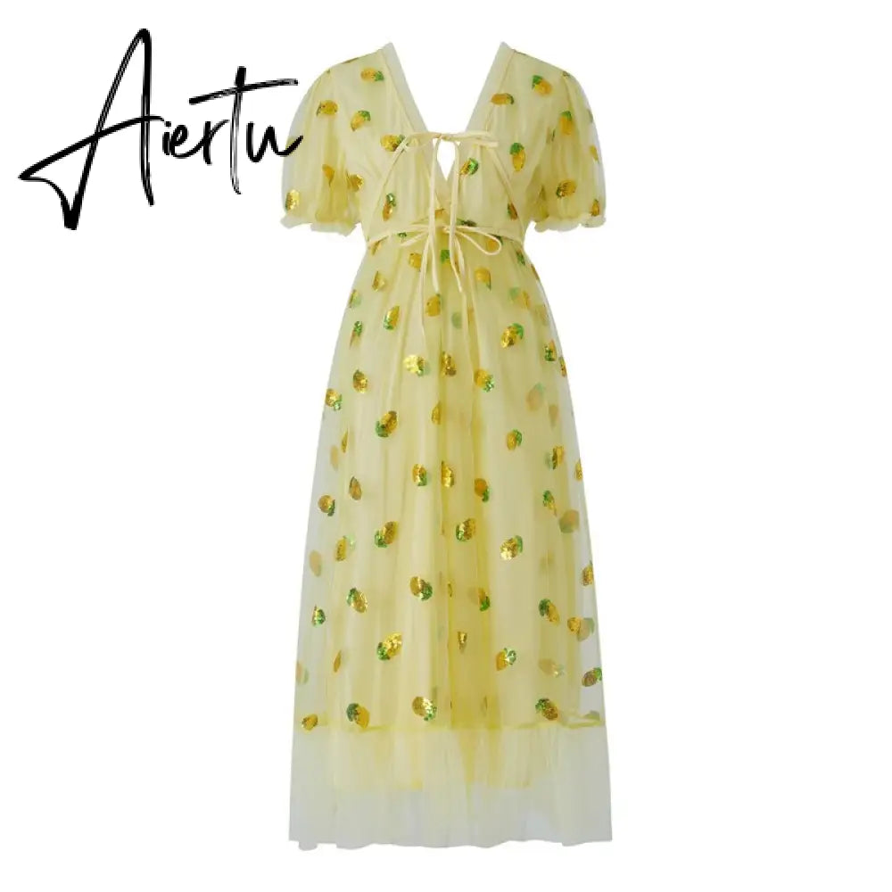 Women Party Long Dress Short Sleeve V Neck Tie-up Front High Waist Fruit Sequins Ruffle Tulle Hem Princess Dress Aiertu