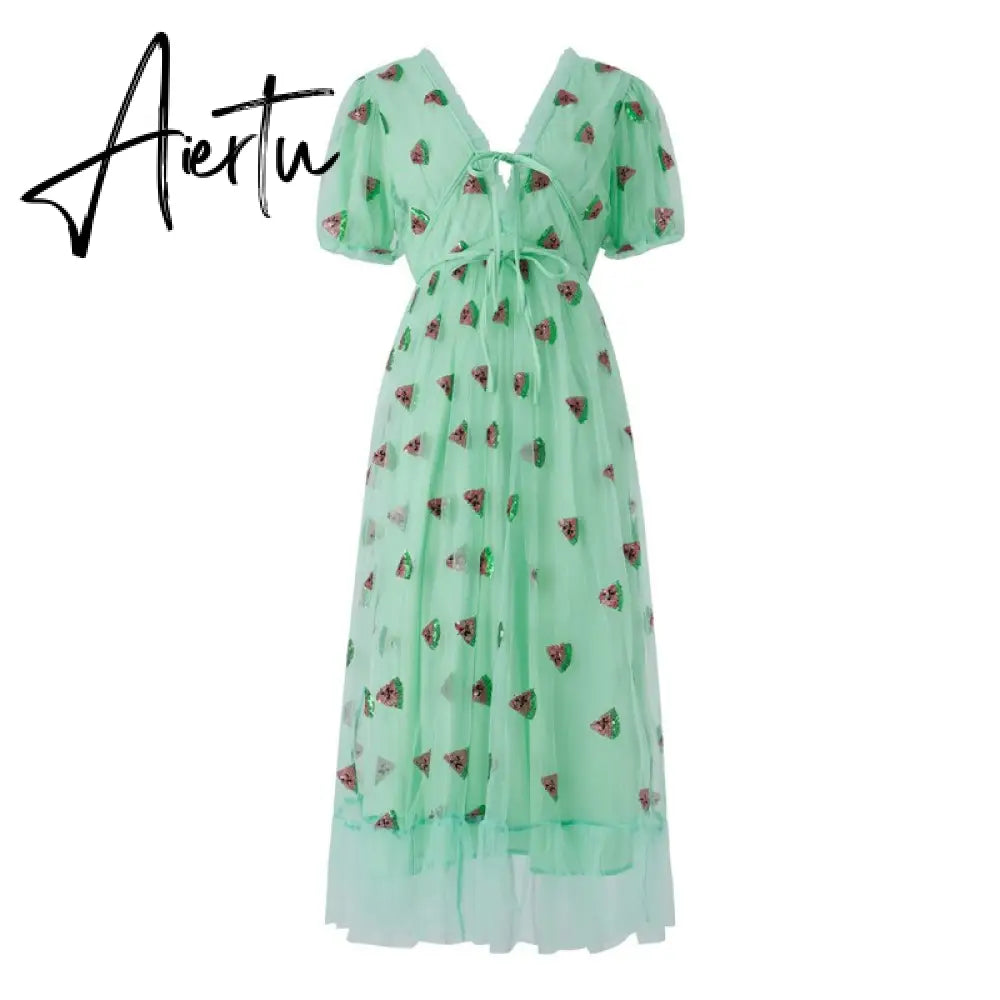 Women Party Long Dress Short Sleeve V Neck Tie-up Front High Waist Fruit Sequins Ruffle Tulle Hem Princess Dress Aiertu
