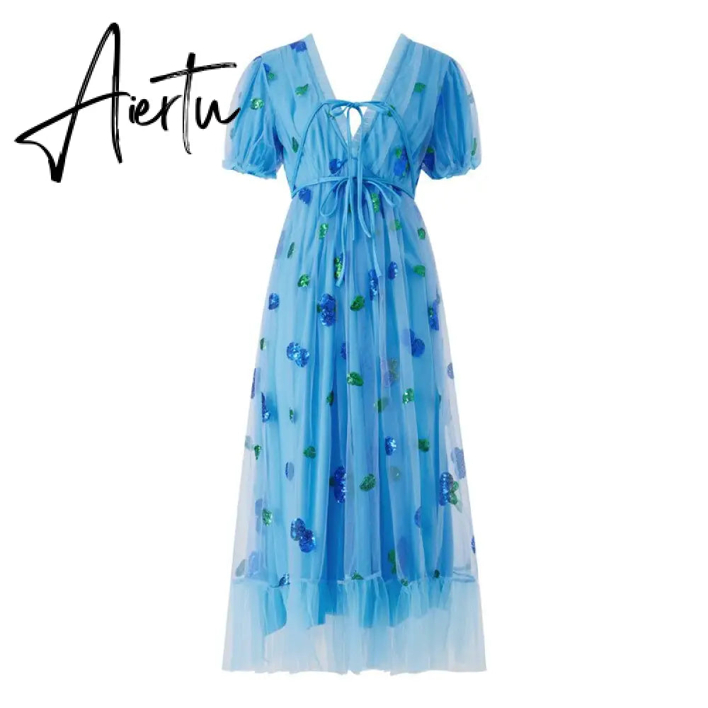 Women Party Long Dress Short Sleeve V Neck Tie-up Front High Waist Fruit Sequins Ruffle Tulle Hem Princess Dress Aiertu