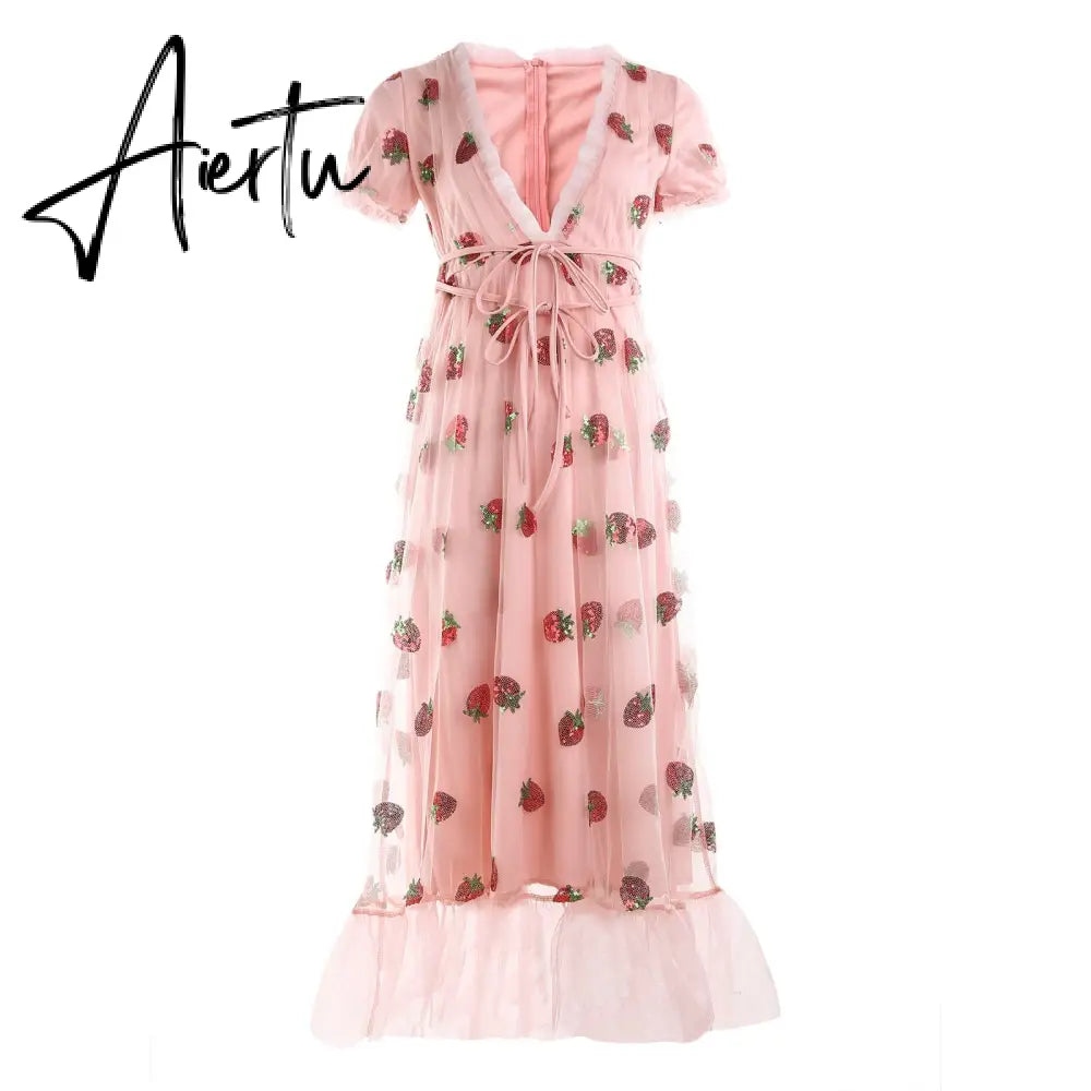 Women Party Long Dress Short Sleeve V Neck Tie-up Front High Waist Fruit Sequins Ruffle Tulle Hem Princess Dress Aiertu