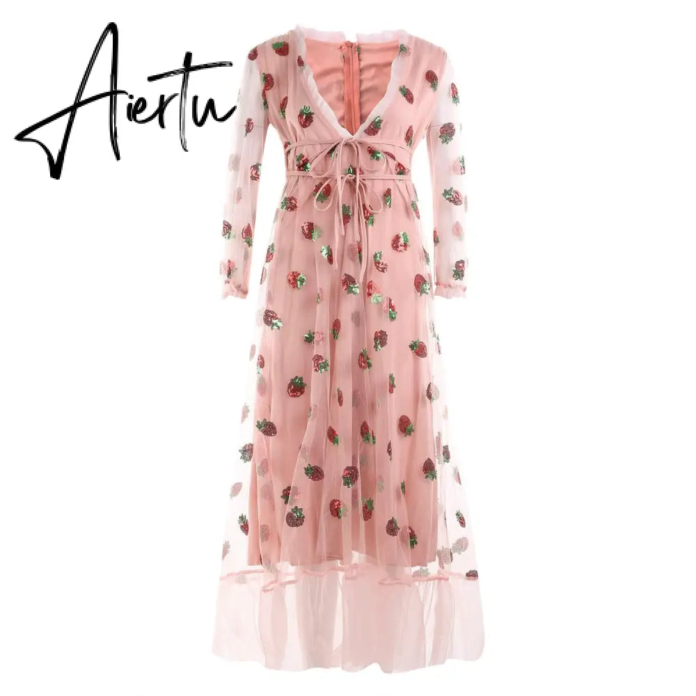 Women Party Long Dress Short Sleeve V Neck Tie-up Front High Waist Fruit Sequins Ruffle Tulle Hem Princess Dress Aiertu
