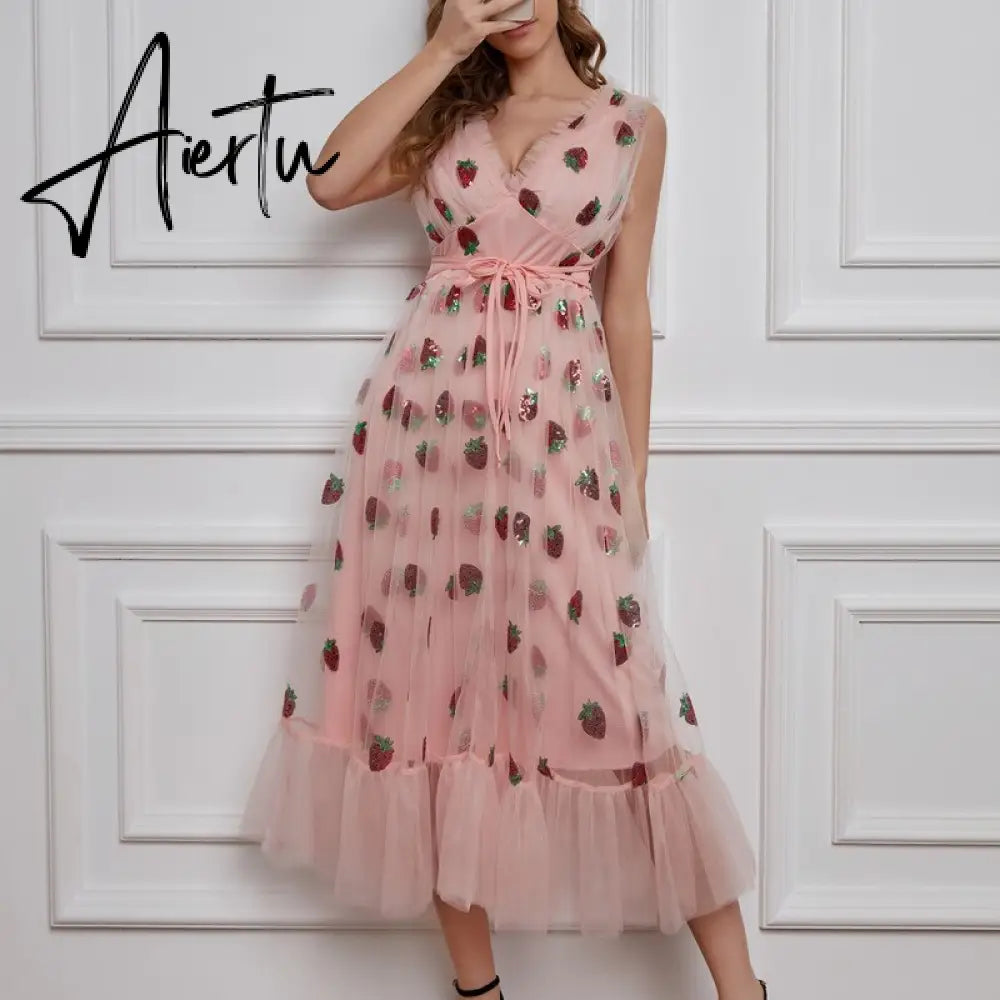 Women Party Long Dress Short Sleeve V Neck Tie-up Front High Waist Fruit Sequins Ruffle Tulle Hem Princess Dress Aiertu