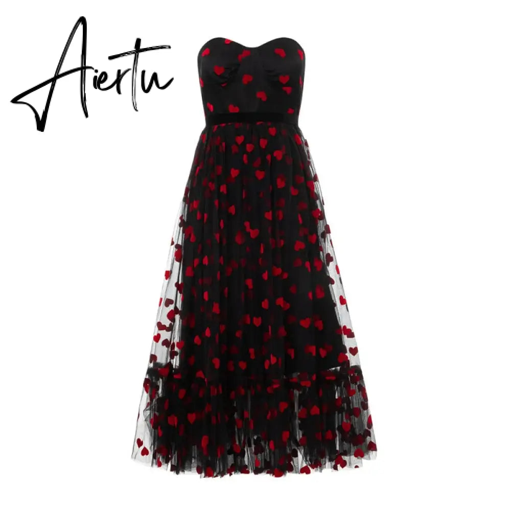 Women Party Long Dress Short Sleeve V Neck Tie-up Front High Waist Fruit Sequins Ruffle Tulle Hem Princess Dress Aiertu