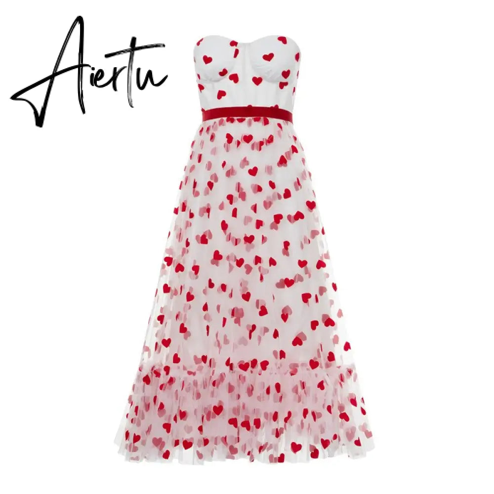 Women Party Long Dress Short Sleeve V Neck Tie-up Front High Waist Fruit Sequins Ruffle Tulle Hem Princess Dress Aiertu