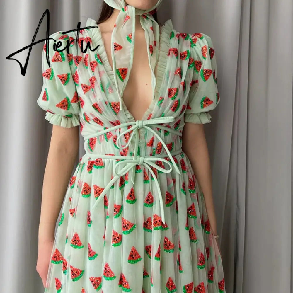 Women Party Long Dress Short Sleeve V Neck Tie-up Front High Waist Fruit Sequins Ruffle Tulle Hem Princess Dress Aiertu