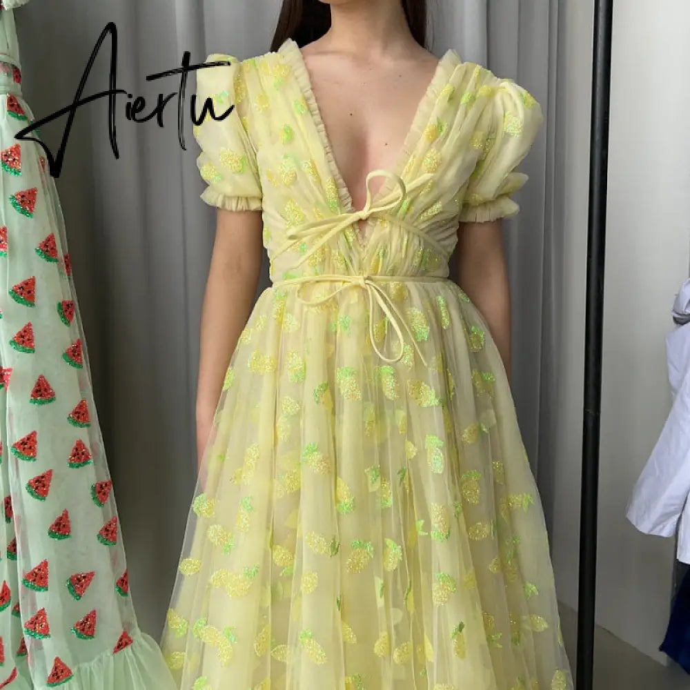 Women Party Long Dress Short Sleeve V Neck Tie-up Front High Waist Fruit Sequins Ruffle Tulle Hem Princess Dress Aiertu