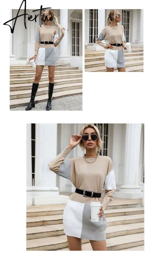 Women Patch work Tunic Sweater, Female Autumn Winter Knitted Pullover Mini Dress. Aiertu