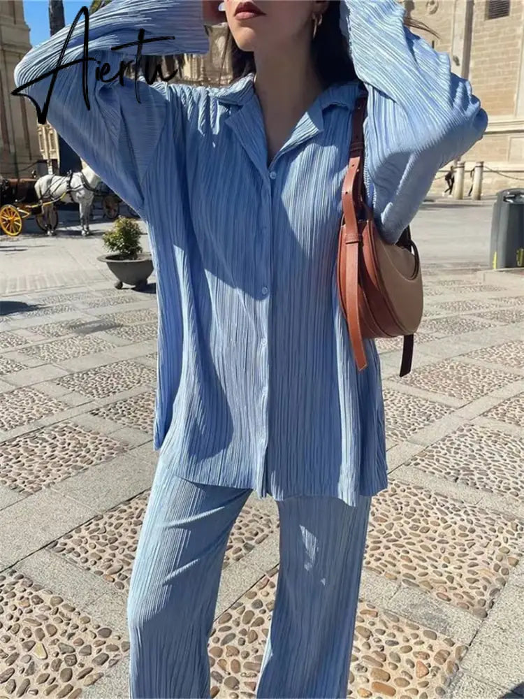 Women Pleated 2 Piece Pants Sets Spring Summer Streetwear Long Sleeve Button Down Shirt+Straight-Leg Pants Loose Outfits Aiertu