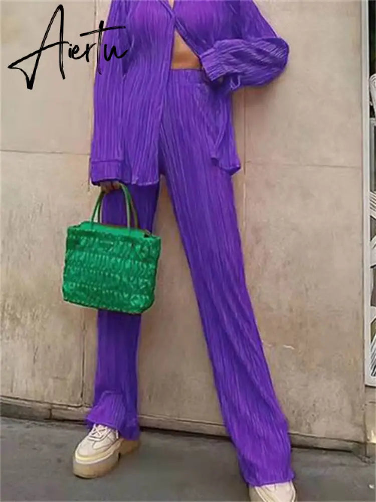 Women Pleated 2 Piece Pants Sets Spring Summer Streetwear Long Sleeve Button Down Shirt+Straight-Leg Pants Loose Outfits Aiertu