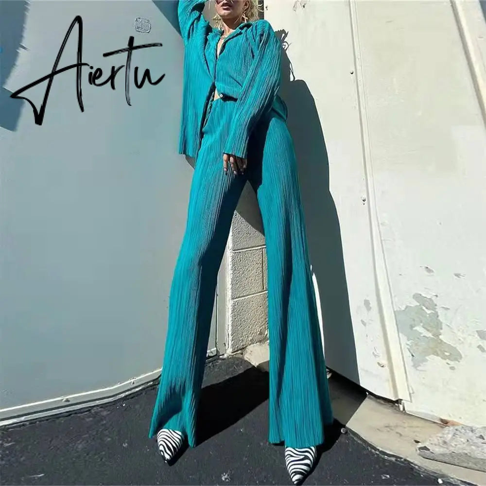 Women Pleated 2 Piece Pants Sets Spring Summer Streetwear Long Sleeve Button Down Shirt+Straight-Leg Pants Loose Outfits Aiertu