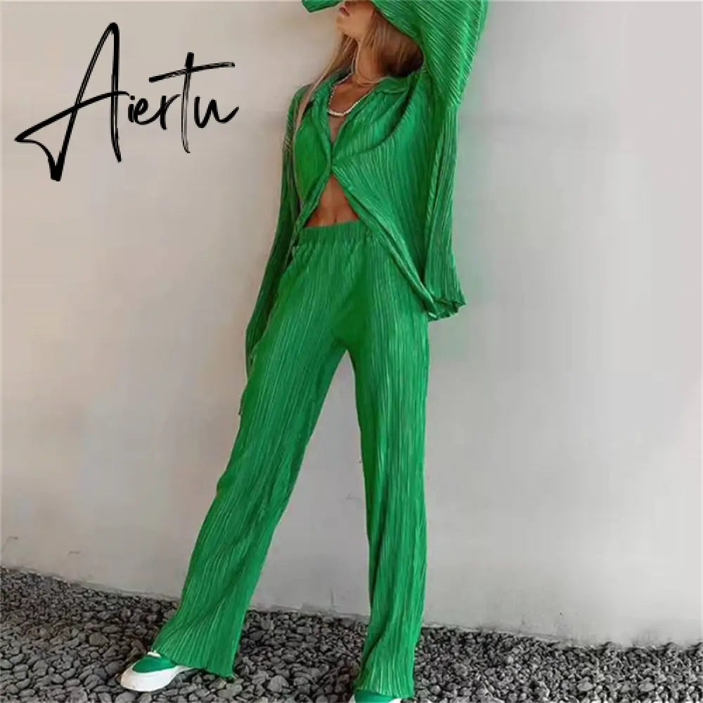 Women Pleated 2 Piece Pants Sets Spring Summer Streetwear Long Sleeve Button Down Shirt+Straight-Leg Pants Loose Outfits Aiertu