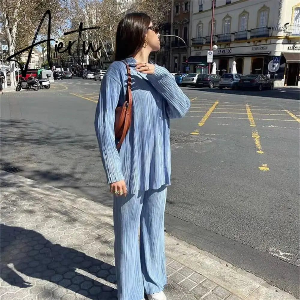 Women Pleated 2 Piece Pants Sets Spring Summer Streetwear Long Sleeve Button Down Shirt+Straight-Leg Pants Loose Outfits Aiertu