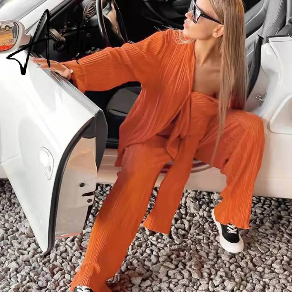 Women Pleated 2 Piece Pants Sets Spring Summer Streetwear Long Sleeve Button Down Shirt+Straight-Leg Pants Loose Outfits Aiertu