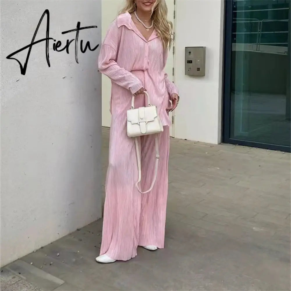 Women Pleated 2 Piece Pants Sets Spring Summer Streetwear Long Sleeve Button Down Shirt+Straight-Leg Pants Loose Outfits Aiertu