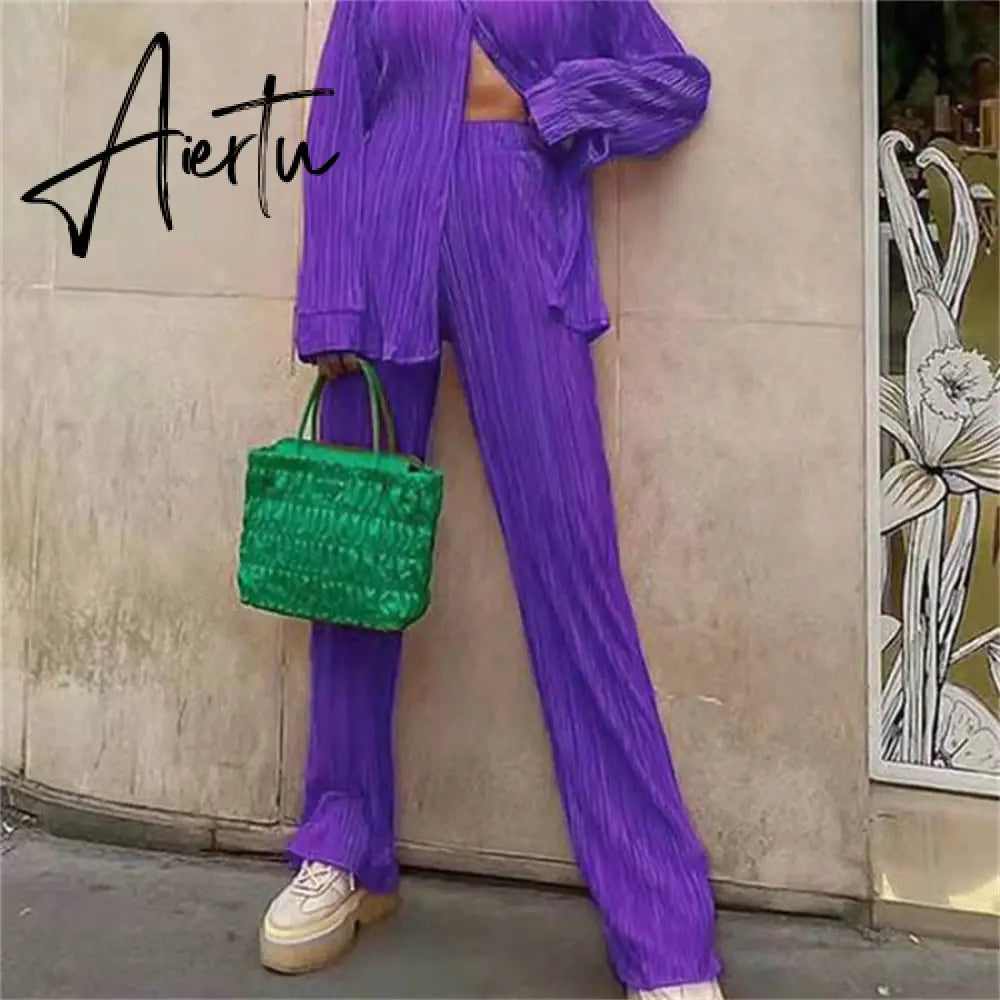 Women Pleated 2 Piece Pants Sets Spring Summer Streetwear Long Sleeve Button Down Shirt+Straight-Leg Pants Loose Outfits Aiertu