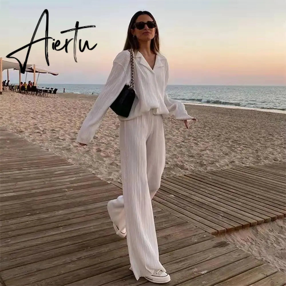 Women Pleated 2 Piece Pants Sets Spring Summer Streetwear Long Sleeve Button Down Shirt+Straight-Leg Pants Loose Outfits Aiertu