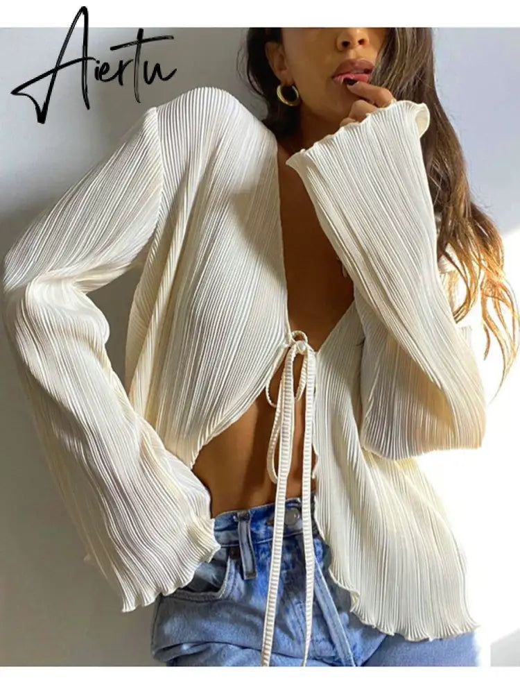 Women Pleated Plain Shirts Spring Fall Chic Long Flare Sleeve V- Neck Tie Up Cardigans Tops for Casual Party Street Aiertu