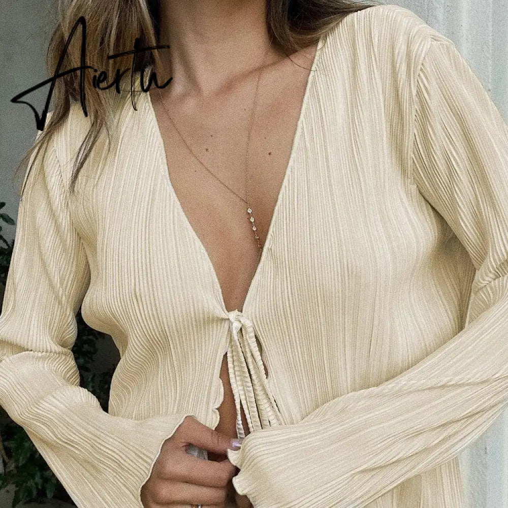 Women Pleated Plain Shirts Spring Fall Chic Long Flare Sleeve V- Neck Tie Up Cardigans Tops for Casual Party Street Aiertu