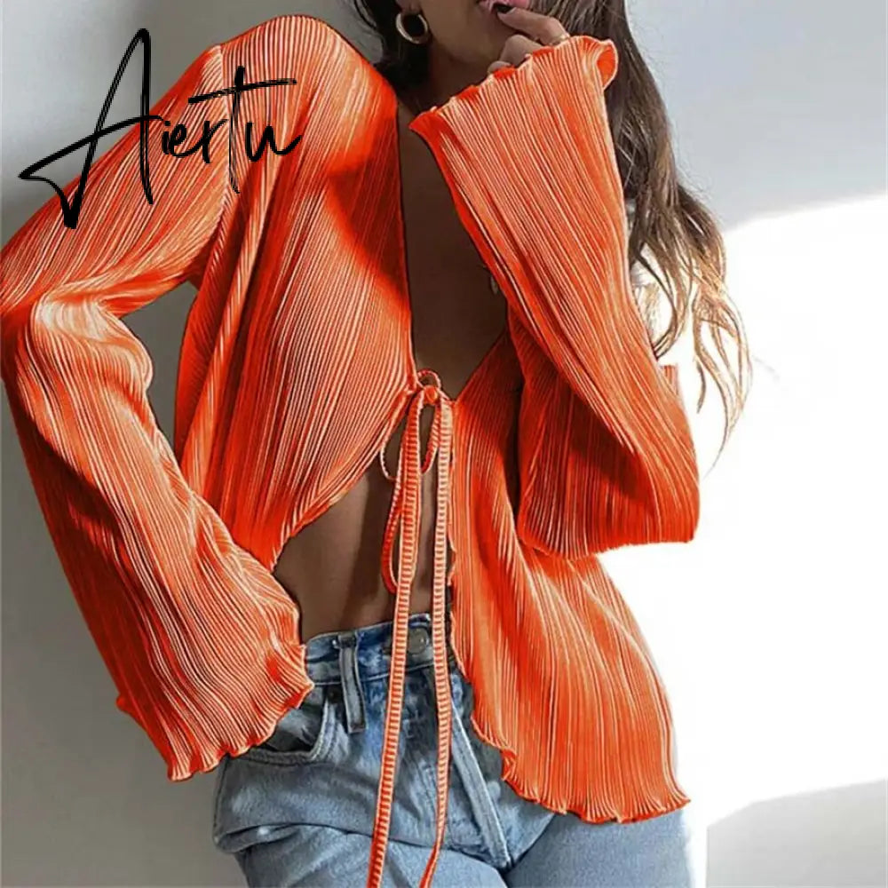 Women Pleated Plain Shirts Spring Fall Chic Long Flare Sleeve V- Neck Tie Up Cardigans Tops for Casual Party Street Aiertu