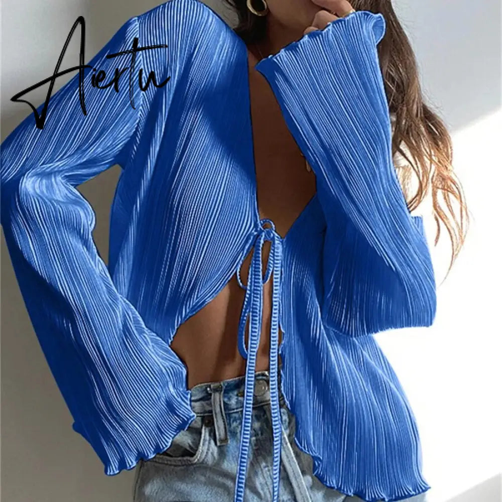 Women Pleated Plain Shirts Spring Fall Chic Long Flare Sleeve V- Neck Tie Up Cardigans Tops for Casual Party Street Aiertu
