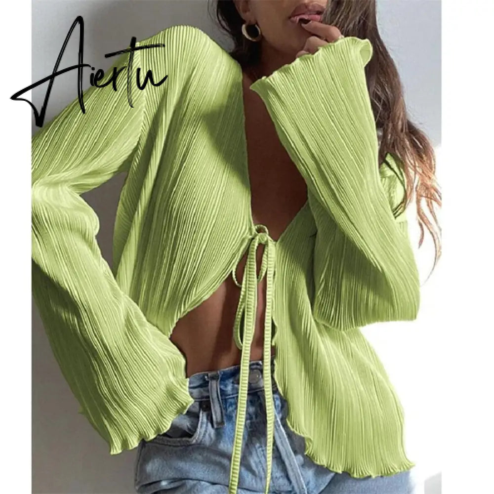 Women Pleated Plain Shirts Spring Fall Chic Long Flare Sleeve V- Neck Tie Up Cardigans Tops for Casual Party Street Aiertu